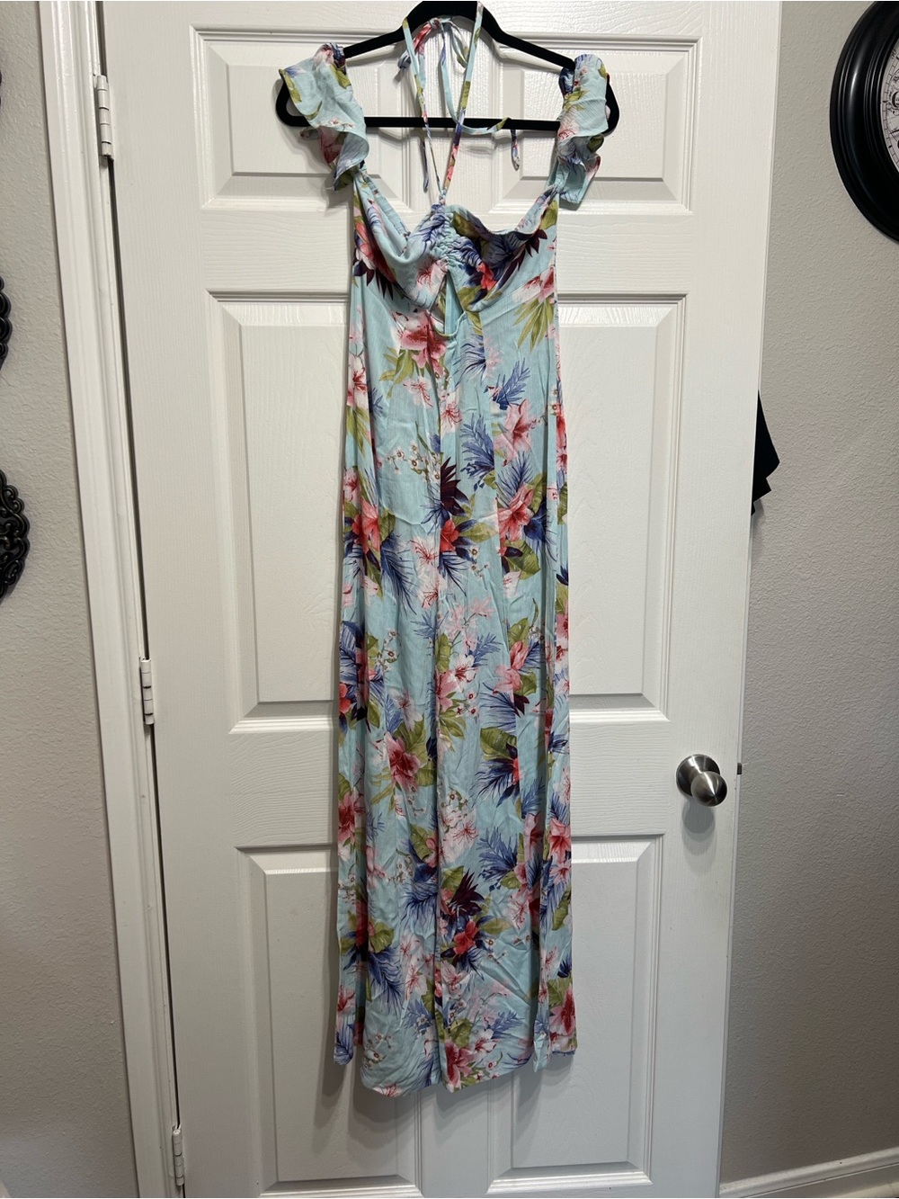 Light Blue Floral one piece with Ruffle Straps